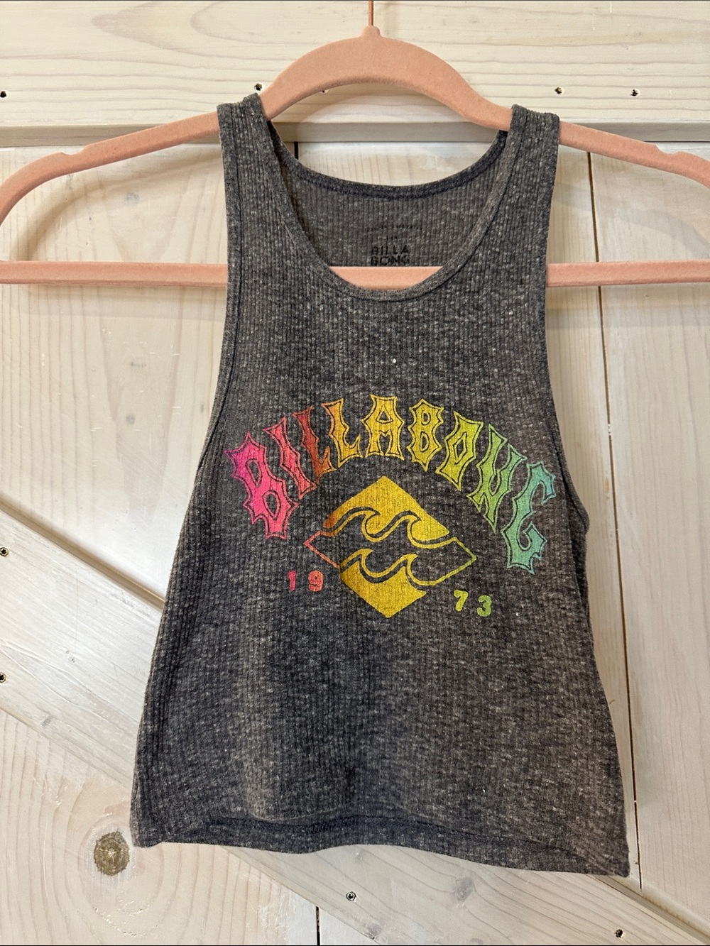 Billabong Gray Ribbed crop top with Neon Pink Yellow Green Logo size XS